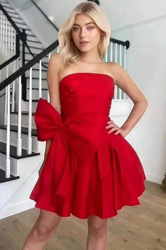 Stylish Sleeveless Ruched Short Homecoming Dresses Simple Mini Party Wear Dress with Bow by misshow.com