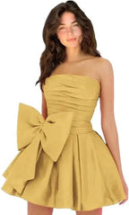 Stylish Sleeveless Ruched Short Homecoming Dresses Simple Mini Party Wear Dress with Bow by misshow.com