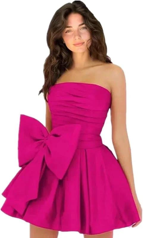 Stylish Sleeveless Ruched Short Homecoming Dresses Simple Mini Party Wear Dress with Bow by misshow.com