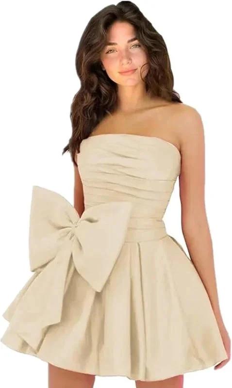Stylish Sleeveless Ruched Short Homecoming Dresses Simple Mini Party Wear Dress with Bow by misshow.com