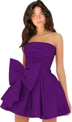 Stylish Sleeveless Ruched Short Homecoming Dresses Simple Mini Party Wear Dress with Bow by misshow.com