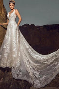 Chic Sleeveless V-Neck Wedding Dress Aline Tulle Brial Dress with Lace Appliques& Pockets by misshow.com