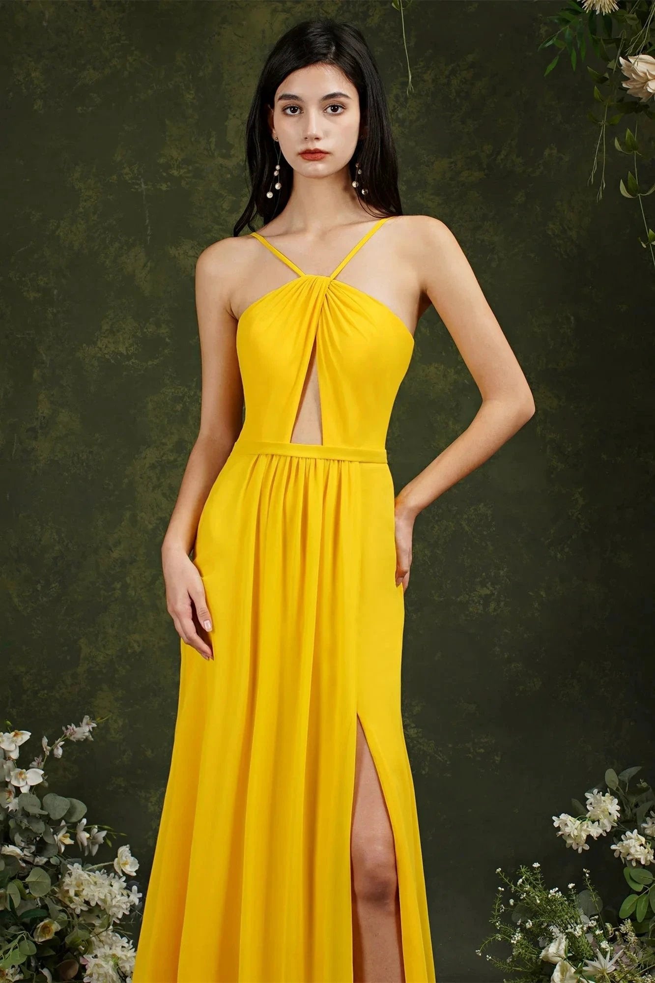 Chic Spaghetti Straps Halter A-Line Floor-length Split Bridesmaid Dress With Pockets by misshow.com