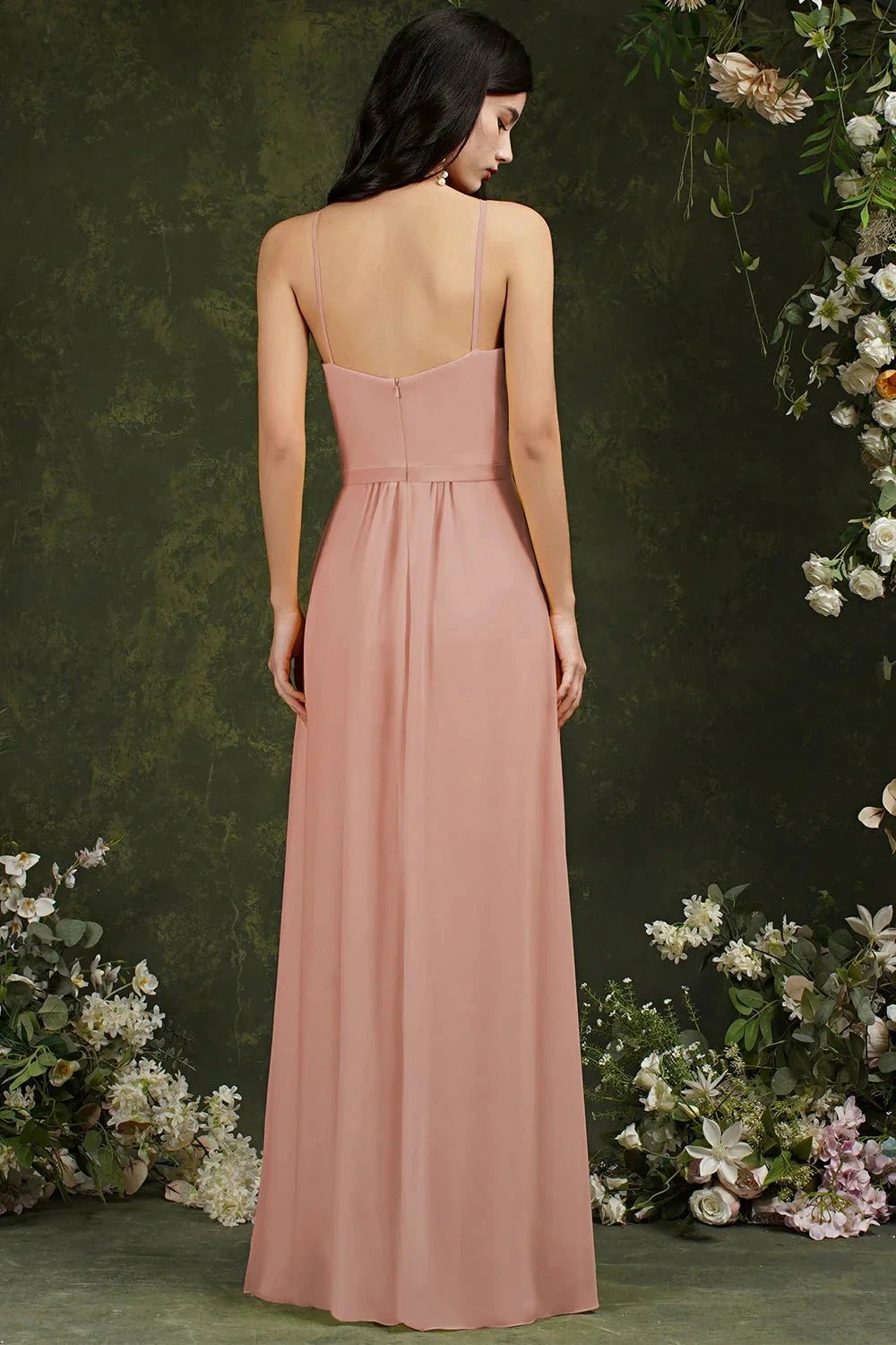 Chic Spaghetti Straps Halter A-Line Floor-length Split Bridesmaid Dress With Pockets by misshow.com