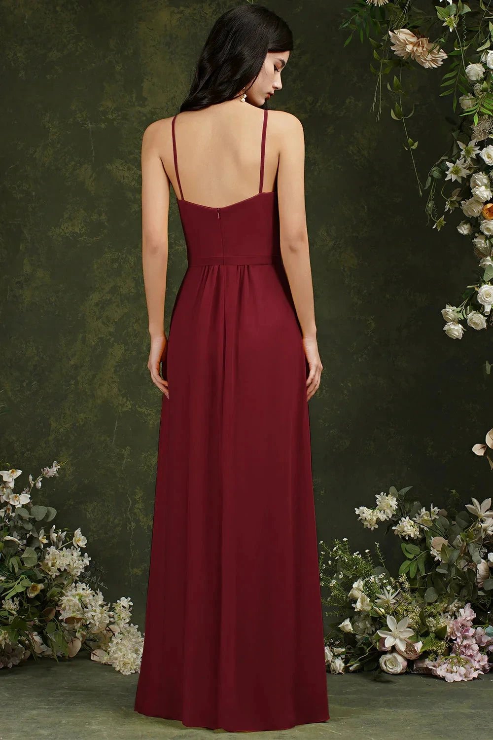 Chic Spaghetti Straps Halter A-Line Floor-length Split Bridesmaid Dress With Pockets by misshow.com