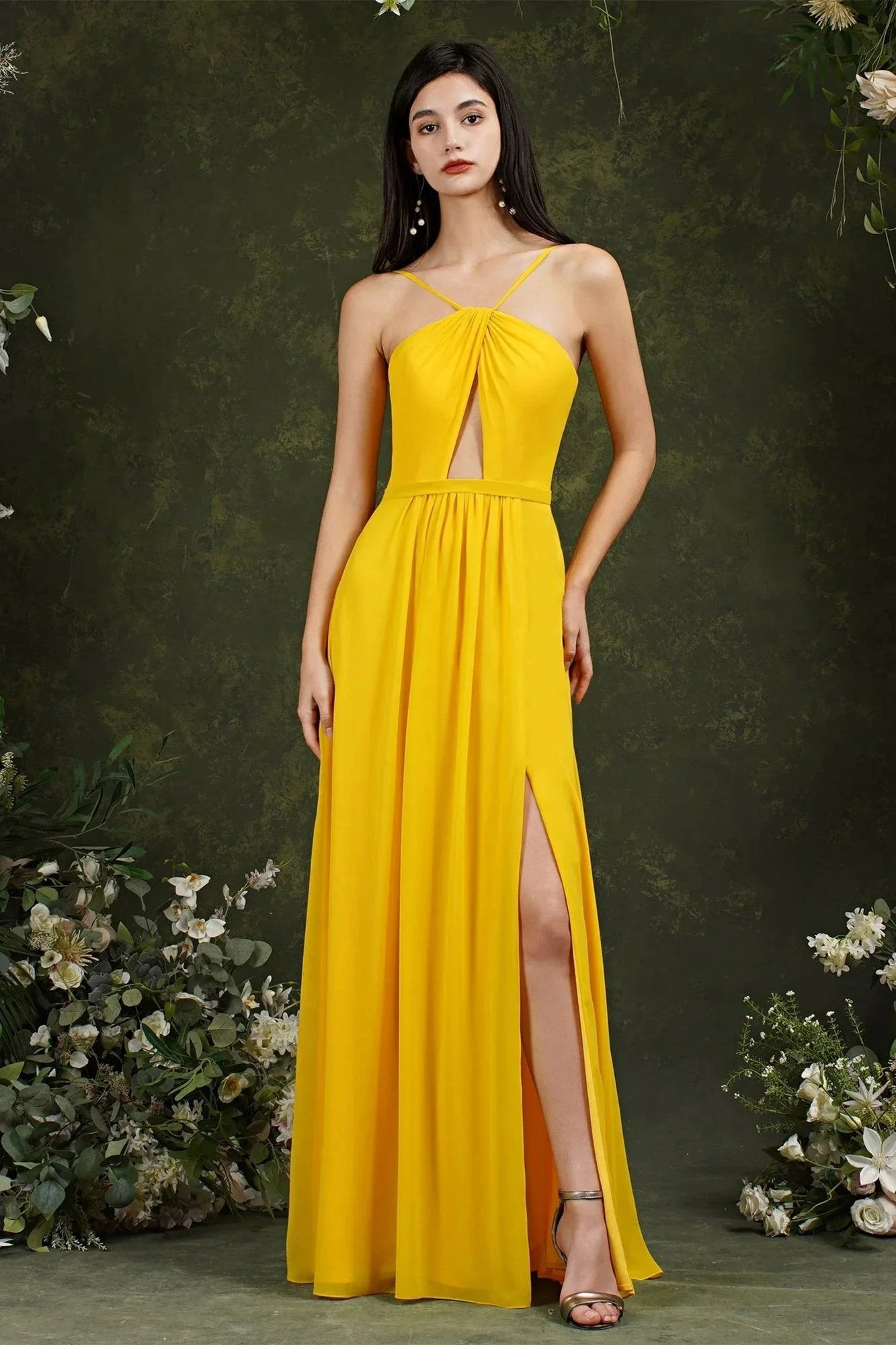 Chic Spaghetti Straps Halter A-Line Floor-length Split Bridesmaid Dress With Pockets by misshow.com