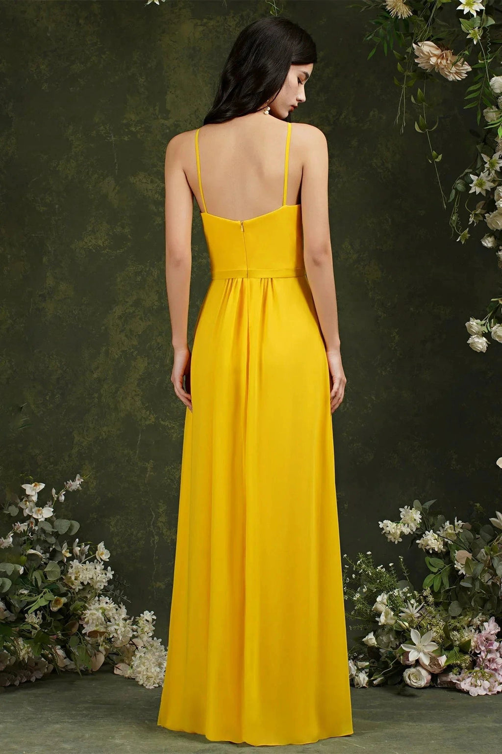 Chic Spaghetti Straps Halter A-Line Floor-length Split Bridesmaid Dress With Pockets by misshow.com