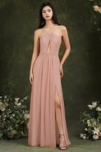 Chic Spaghetti Straps Halter A-Line Floor-length Split Bridesmaid Dress With Pockets by misshow.com