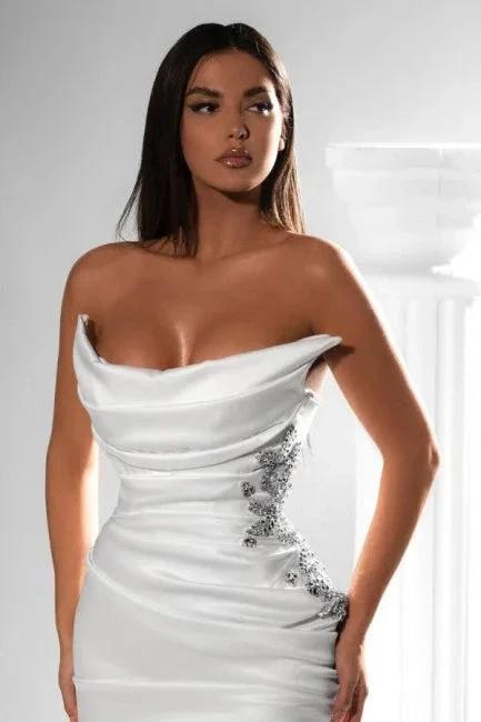 Chic Strapless Front Slit Floor Length Satin Prom Dress with Ruffles by misshow.com
