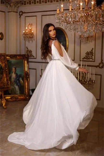 Chic Summer Chiffon A-line V-neck Wedding Dresses With Long Sleeves by misshow.com