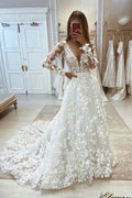 Chic V-neck A-line Lace Long Sleeves Floor Length Wedding dress by misshow.com