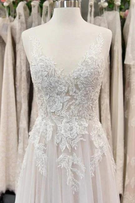 Chic V-neck Appliques Tulle A-line Wedding Dress by misshow.com