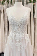 Chic V-neck Appliques Tulle A-line Wedding Dress by misshow.com