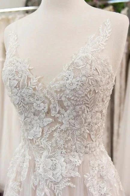 Chic V-neck Appliques Tulle A-line Wedding Dress by misshow.com