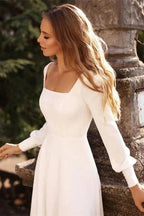Chic White Satin Long Sleeves A-Line Wedding Dresses Long by misshow.com