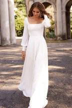 Chic White Satin Long Sleeves A-Line Wedding Dresses Long by misshow.com