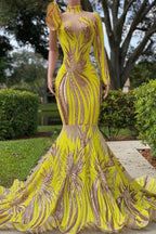 Chic Yellow Long Mermaid High Neck Tulle Lace Prom Dress with Sleeves by BIZTUNNEL