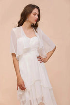 Chiffon Bridesmaid Dress 3/4 Sleeves Mini Knee Length Layers Special Occasion Dress with Wraps by misshow.com