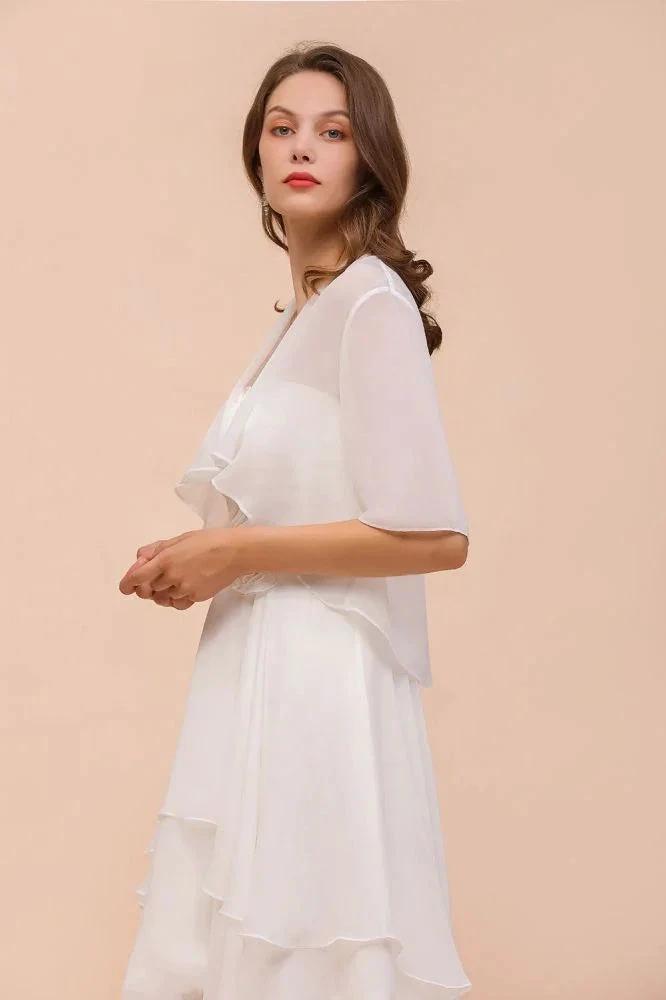 Chiffon Bridesmaid Dress 3/4 Sleeves Mini Knee Length Layers Special Occasion Dress with Wraps by misshow.com