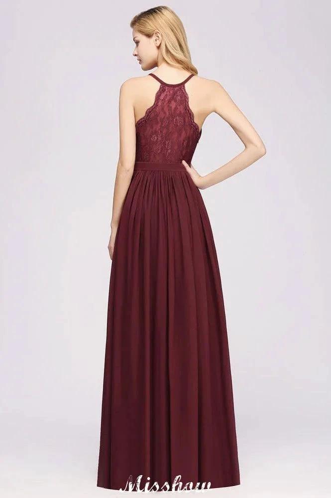 Chiffon Lace A-line Bridesmaid Dresses | V-Neck Sleeveless Floor Length Maid of the Honor Dresses by misshow.com