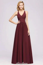 Chiffon Lace A-line Bridesmaid Dresses | V-Neck Sleeveless Floor Length Maid of the Honor Dresses by misshow.com