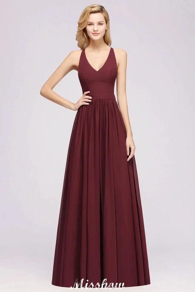 Chiffon Lace A-line Bridesmaid Dresses | V-Neck Sleeveless Floor Length Maid of the Honor Dresses by misshow.com