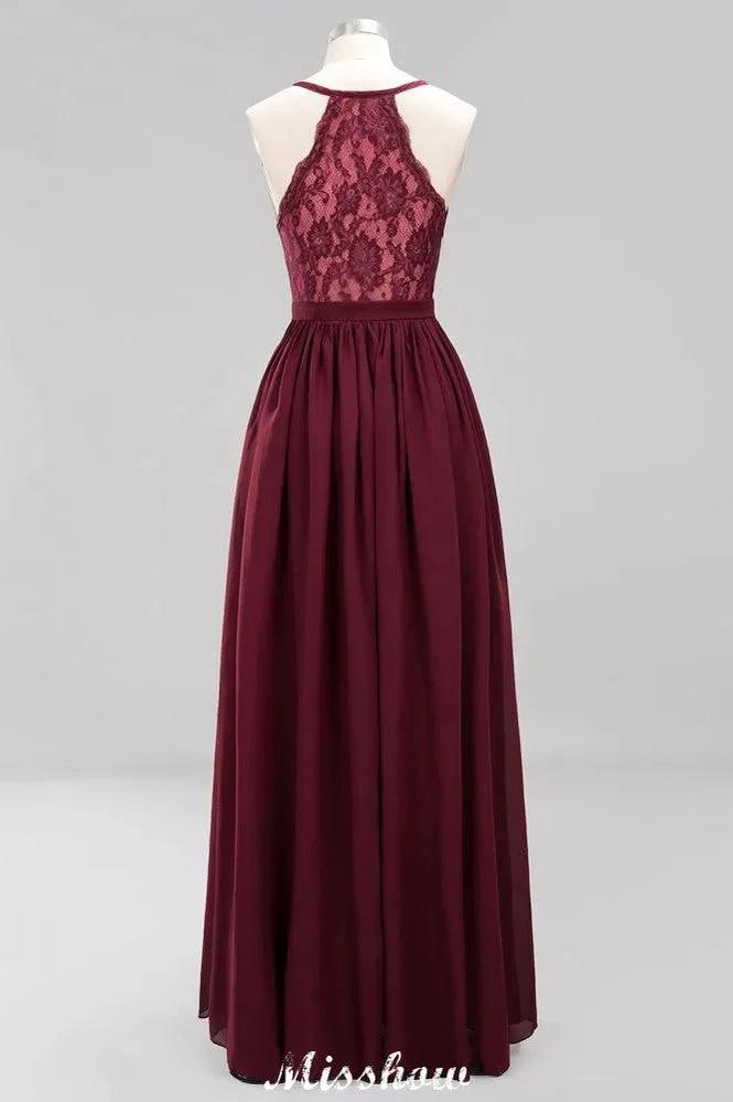 Chiffon Lace A-line Bridesmaid Dresses | V-Neck Sleeveless Floor Length Maid of the Honor Dresses by misshow.com