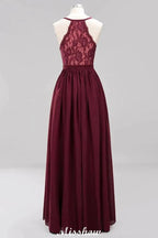 Chiffon Lace A-line Bridesmaid Dresses | V-Neck Sleeveless Floor Length Maid of the Honor Dresses by misshow.com