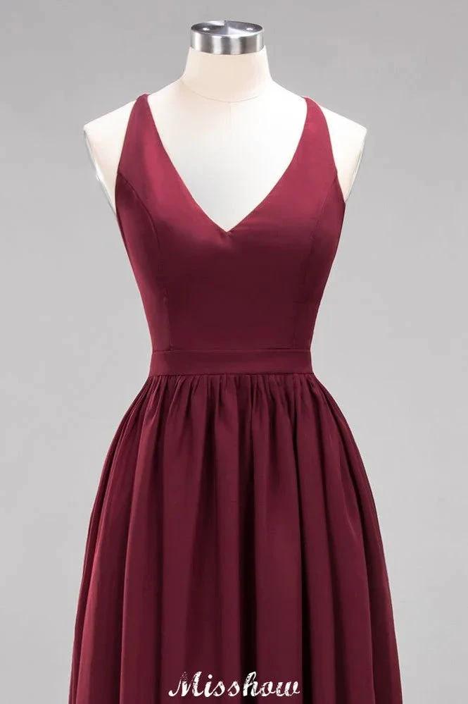 Chiffon Lace A-line Bridesmaid Dresses | V-Neck Sleeveless Floor Length Maid of the Honor Dresses by misshow.com