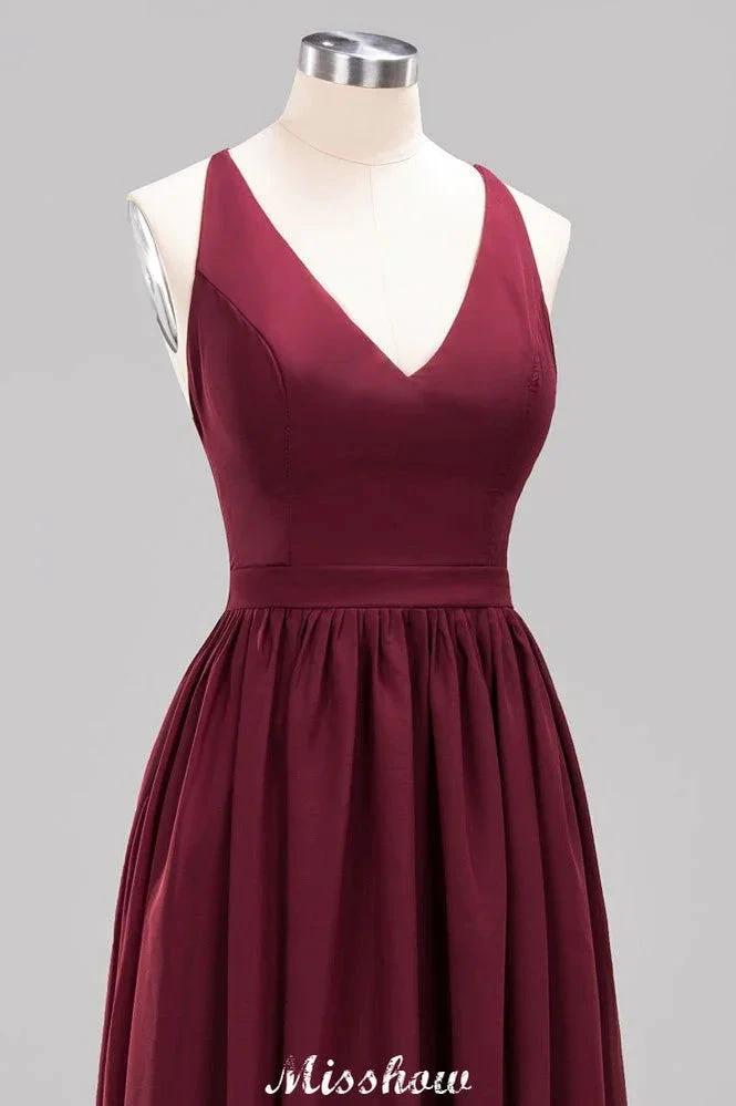 Chiffon Lace A-line Bridesmaid Dresses | V-Neck Sleeveless Floor Length Maid of the Honor Dresses by misshow.com