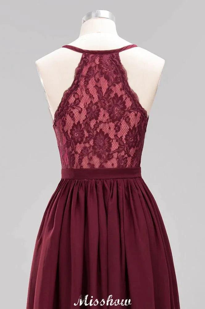 Chiffon Lace A-line Bridesmaid Dresses | V-Neck Sleeveless Floor Length Maid of the Honor Dresses by misshow.com