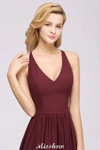 Chiffon Lace A-line Bridesmaid Dresses | V-Neck Sleeveless Floor Length Maid of the Honor Dresses by misshow.com
