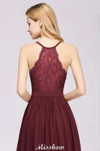 Chiffon Lace A-line Bridesmaid Dresses | V-Neck Sleeveless Floor Length Maid of the Honor Dresses by misshow.com