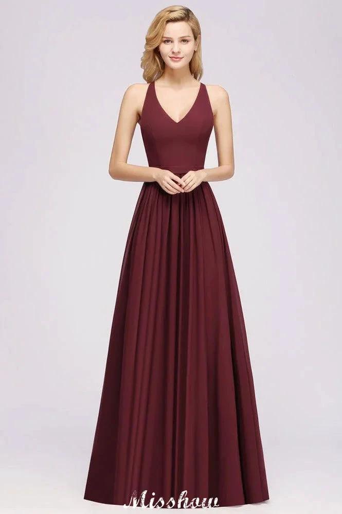 Chiffon Lace A-line Bridesmaid Dresses | V-Neck Sleeveless Floor Length Maid of the Honor Dresses by misshow.com