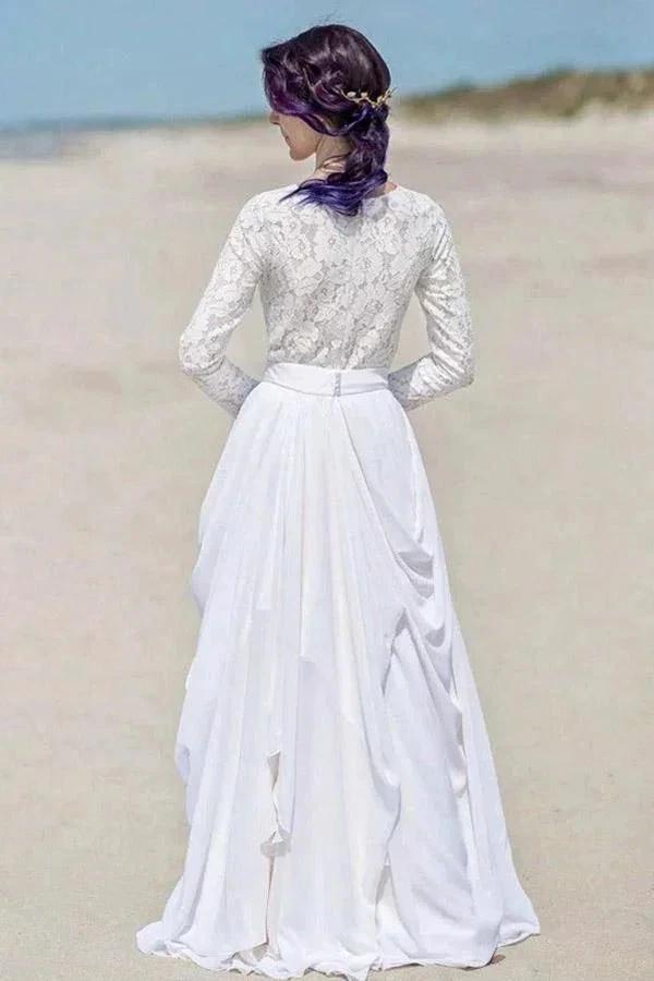 Chiffon Lace Long Sleeve White Zipper Beach Wedding/Bridal Dress WD451 by pgmdress