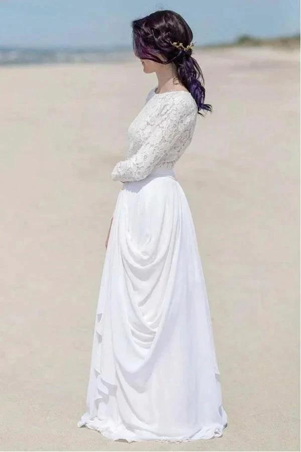 Chiffon Lace Long Sleeve White Zipper Beach Wedding/Bridal Dress WD451 by pgmdress