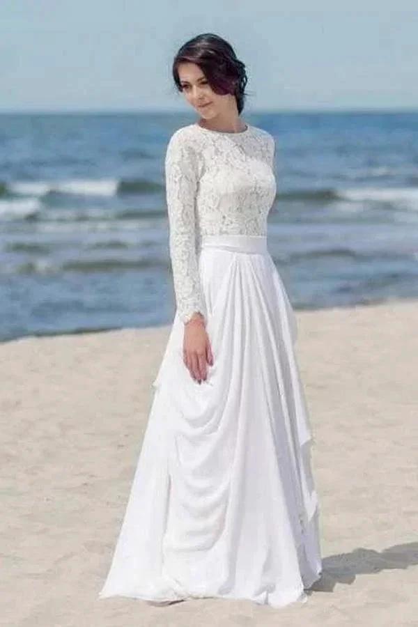 Chiffon Lace Long Sleeve White Zipper Beach Wedding/Bridal Dress WD451 by pgmdress