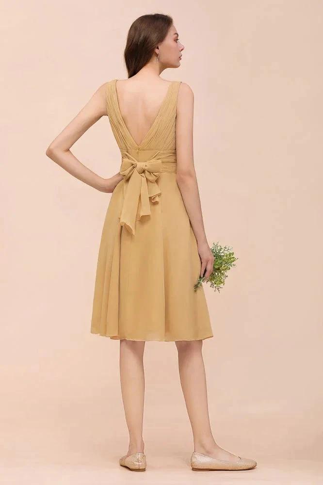 Chiffon Mini Golden Bridesmaid Dress Daily Casual Dress Sleeveless V-neck by misshow.com
