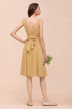 Chiffon Mini Golden Bridesmaid Dress Daily Casual Dress Sleeveless V-neck by misshow.com