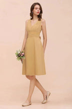 Chiffon Mini Golden Bridesmaid Dress Daily Casual Dress Sleeveless V-neck by misshow.com