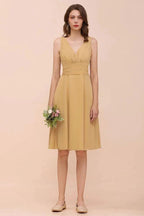 Chiffon Mini Golden Bridesmaid Dress Daily Casual Dress Sleeveless V-neck by misshow.com