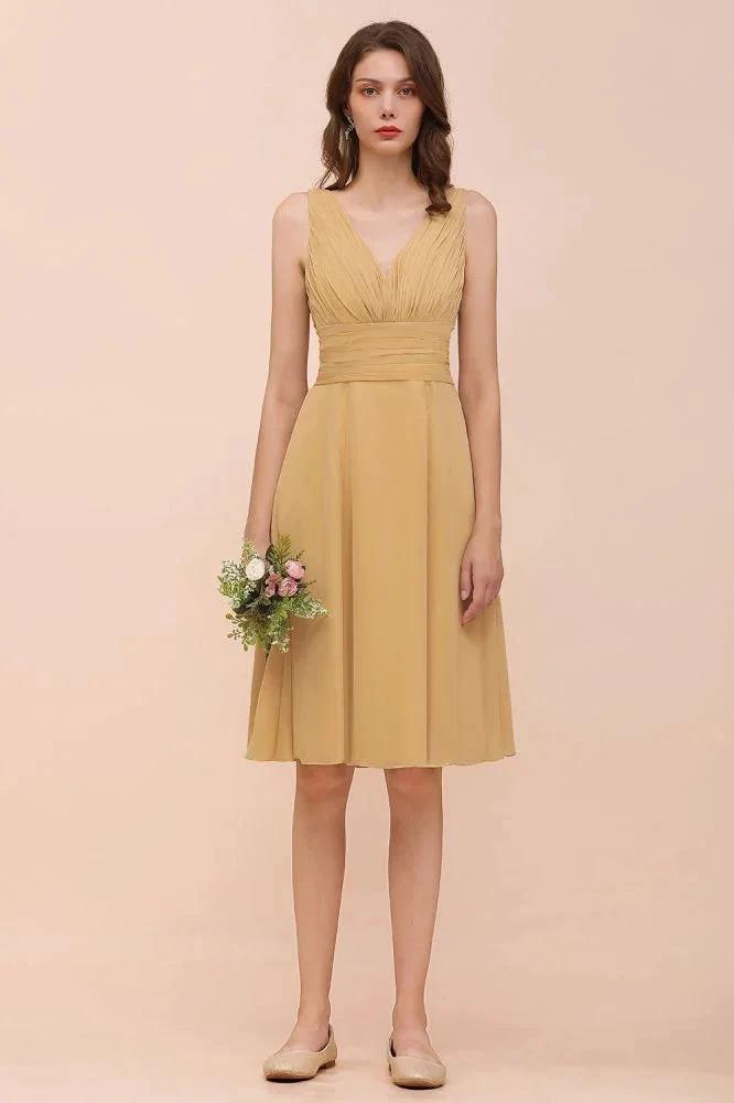 Chiffon Mini Golden Bridesmaid Dress Daily Casual Dress Sleeveless V-neck by misshow.com