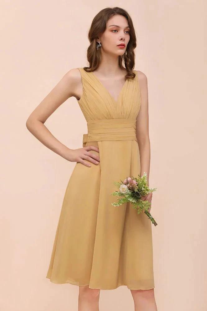Chiffon Mini Golden Bridesmaid Dress Daily Casual Dress Sleeveless V-neck by misshow.com