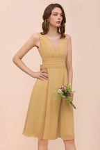 Chiffon Mini Golden Bridesmaid Dress Daily Casual Dress Sleeveless V-neck by misshow.com