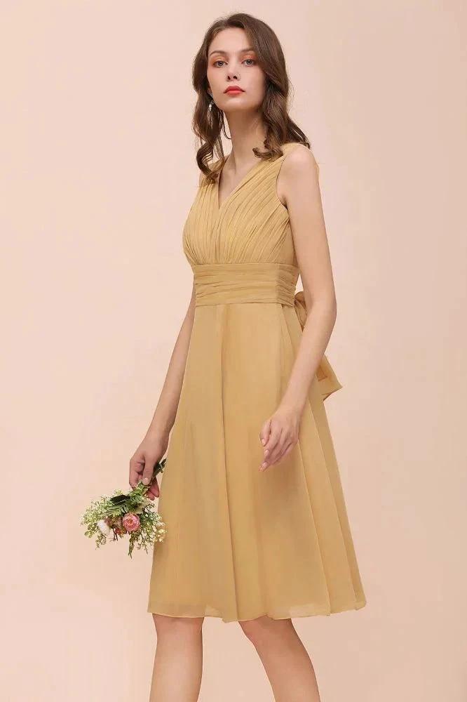 Chiffon Mini Golden Bridesmaid Dress Daily Casual Dress Sleeveless V-neck by misshow.com