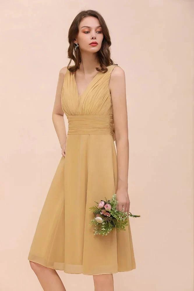 Chiffon Mini Golden Bridesmaid Dress Daily Casual Dress Sleeveless V-neck by misshow.com