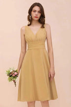 Chiffon Mini Golden Bridesmaid Dress Daily Casual Dress Sleeveless V-neck by misshow.com