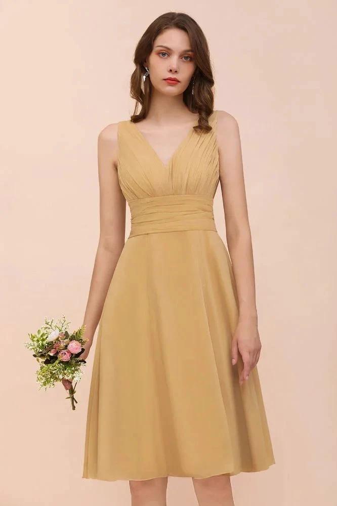 Chiffon Mini Golden Bridesmaid Dress Daily Casual Dress Sleeveless V-neck by misshow.com