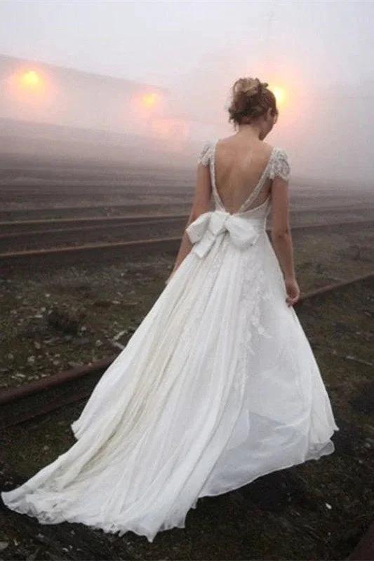 Chiffon Sleeveless V-Neck Lace Wedding Dress by misshow.com