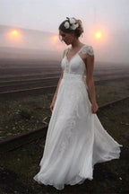 Chiffon Sleeveless V-Neck Lace Wedding Dress by misshow.com